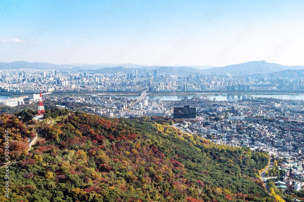 aerial view of overgrown Namsan mountain and Seoul