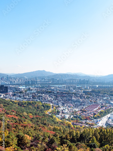 overgrown slope of Nam mountain and Seoul city