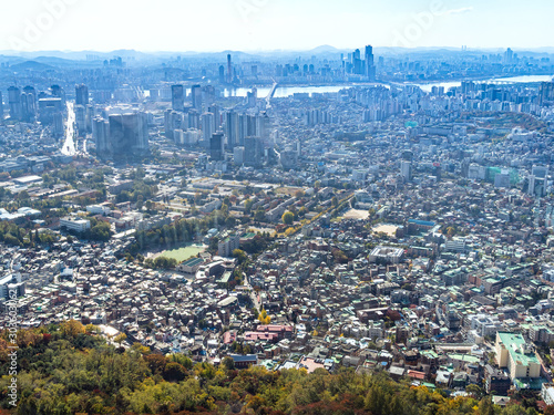 Photography above view of Seoul city from Seoul Tower