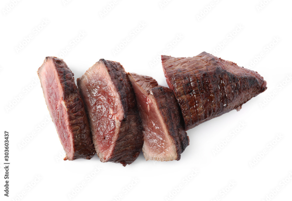 Delicious beef tenderloin sliced isolated on white, top view Delicious beef tenderloin sliced isolated on white, top view