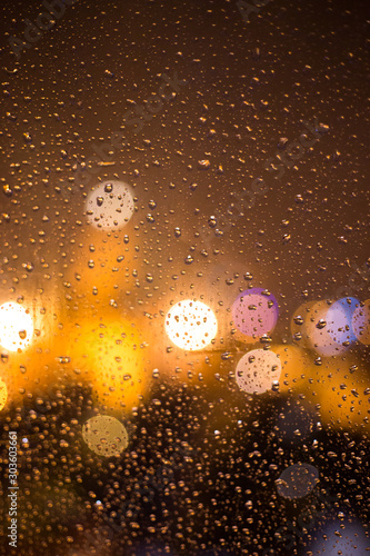 Drops of rain on glass at night
