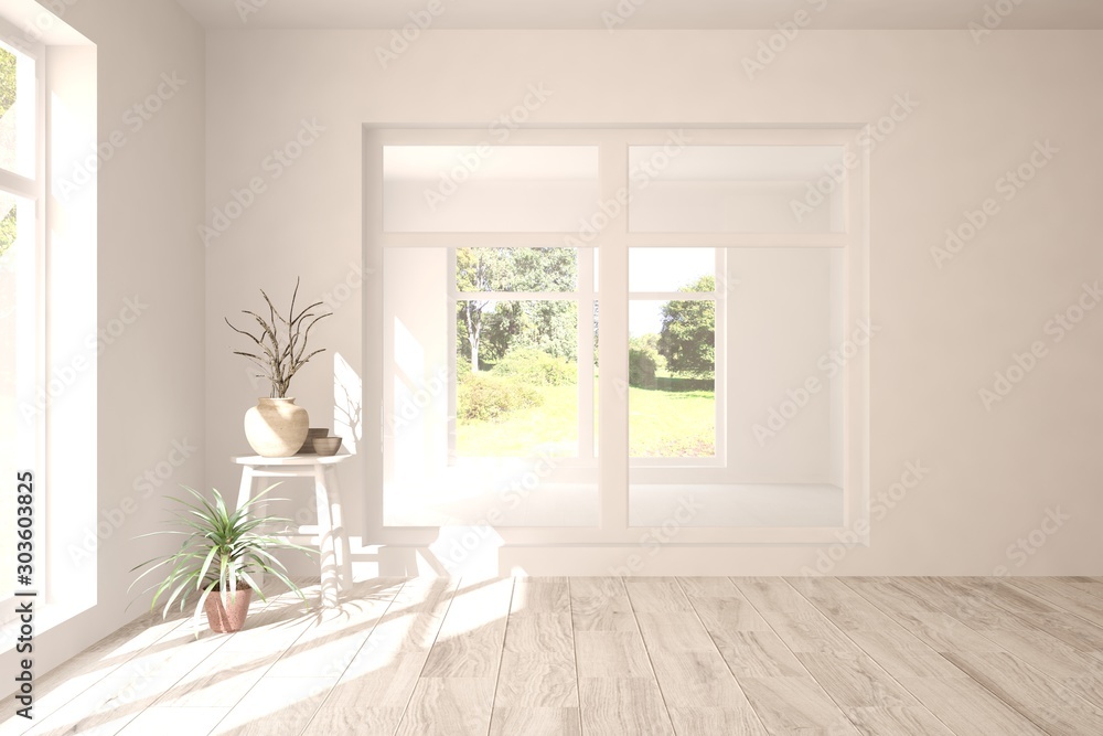 Empty room in white color with chair and home plant. Scandinavian interior design. 3D illustration Empty room in white color with chair and home plant. Scandinavian interior design. 3D illustration