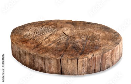 wooden round aged log cabin of a tree on a white background