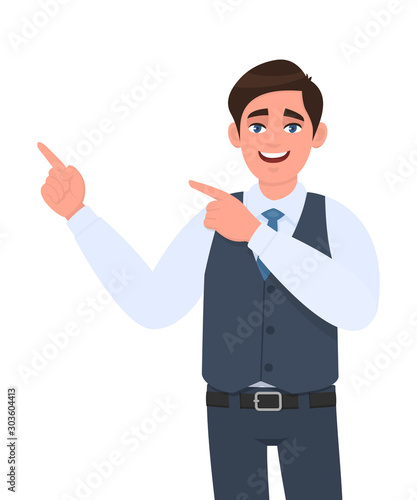 Young businessman presenting hand gesture to copy space and pointing  index finger. Person introducing something. Male character design illustration. Modern lifestyle, concept in vector cartoon style.