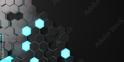 Black geometric hexagonal abstract background. Surface polygon pattern with b...