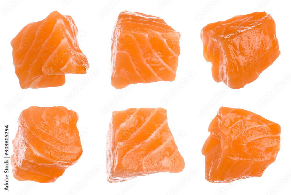 Set with pieces of fresh raw salmon on white background. Fish delicacy Set with pieces of fresh raw salmon on white background. Fish delicacy