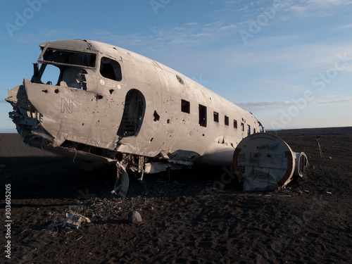 Frontal view of a wreckage of crashed airplane in Iceland at Solheimsandur beach