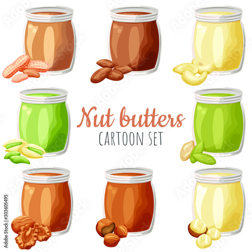 Nut butters different spread set vector illustrations, cartoon isolated colorful nut butter flavours in a jar.