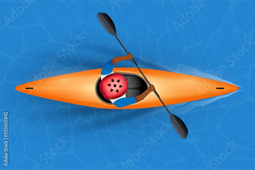 Slalom Single Kayak with paddler inside on water surface. Top view of whitewater slalom kayaking with white and black man athletes. Vector Illustration isolated on white background.