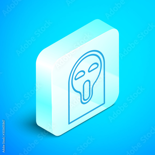 Isometric line Funny and scary ghost mask for Halloween icon isolated on blue background. Happy Halloween party. Silver square button. Vector Illustration