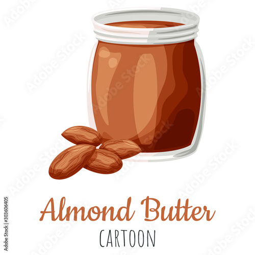 Almond butter spread vector illustration, cartoon isolated colorful nut butter in a jar.