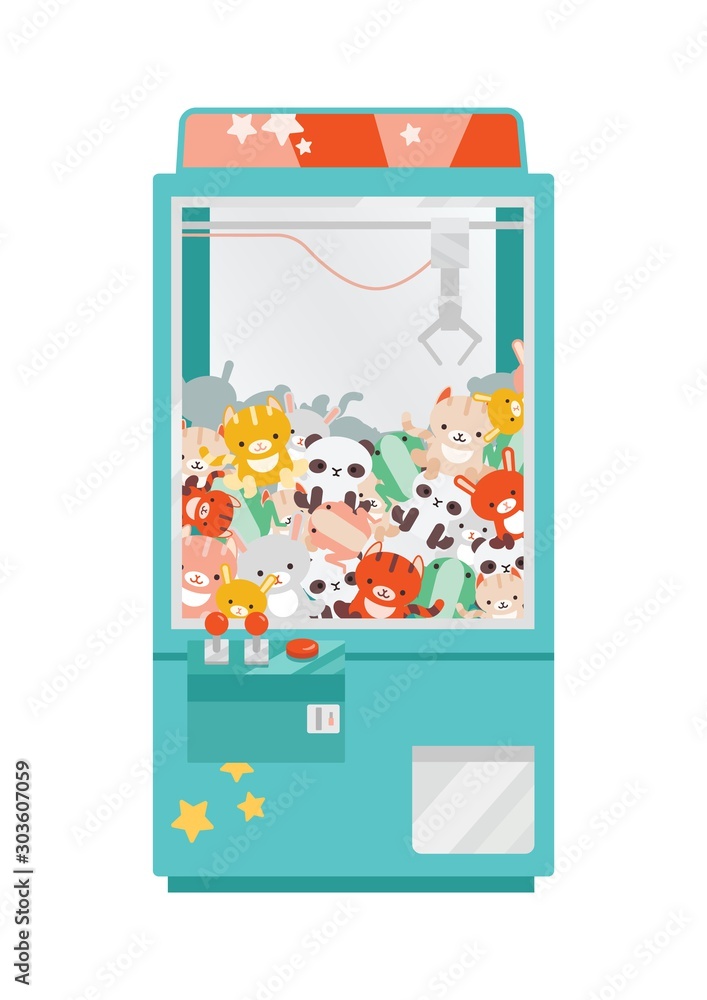 Crane game doll machine flat vector illustration. Claw machine with colorful plush animal toys. Amusement for children, winning prize. Arcade game for kids isolated on white background. Crane game doll machine flat vector illustration. Claw machine with colorful plush animal toys. Amusement for children, winning prize. Arcade game for kids isolated on white background.