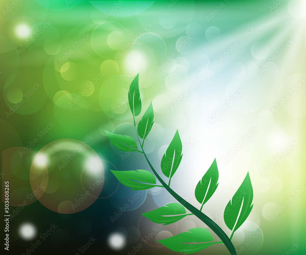 Spring sun rays growing leaf render banner vector background Spring sun rays growing leaf render banner vector background