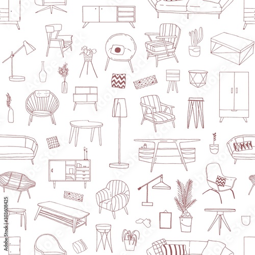 Contemporary home furniture hand drawn vector seamless pattern. Home interior design elements backdrop. Modern house furnishing accessories background. Vintage armchair, coffee table texture.