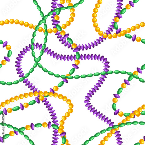 Seamless pattern with beads in Mardi Gras colors.