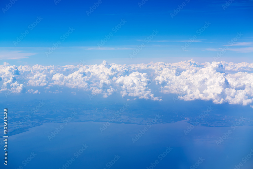 landscape, Sky and clouds beautiful The view out of an airplane in the morning appropriate the background , idea copy space