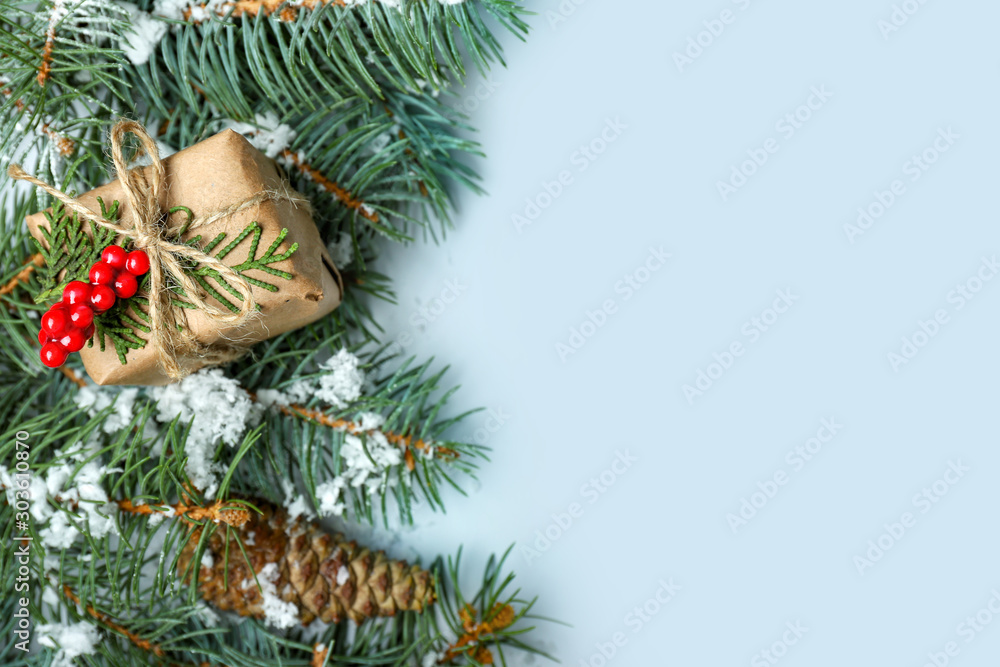 Green fir branches with Christmas gift on light background