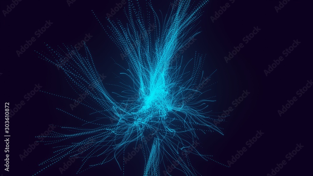 Smooth smoke particle wave, big data techno background with glowing dots, hi-tech concept.