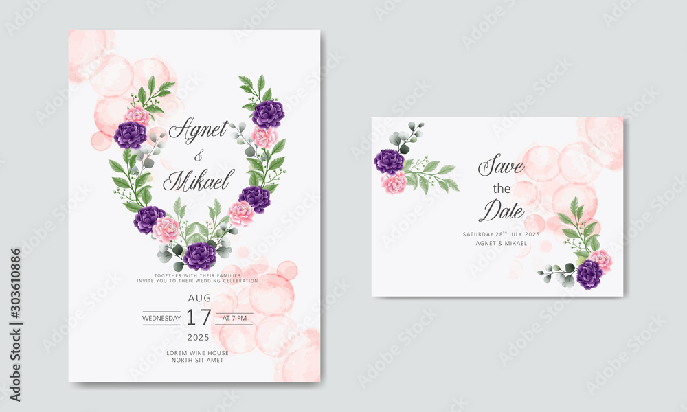 wedding invitation card with beautiful flowers and leaves