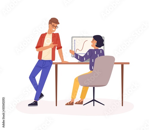 Office work flat vector illustration. Company staff communication. Colleagues cartoon characters. Statistics and analytics department. Office workers, employee workplace isolated on white background.