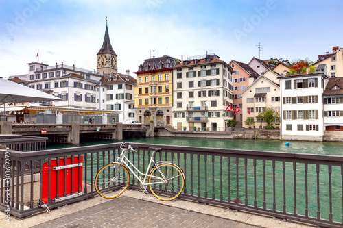 Zurich. View of the city embankment and the facades of old houses.