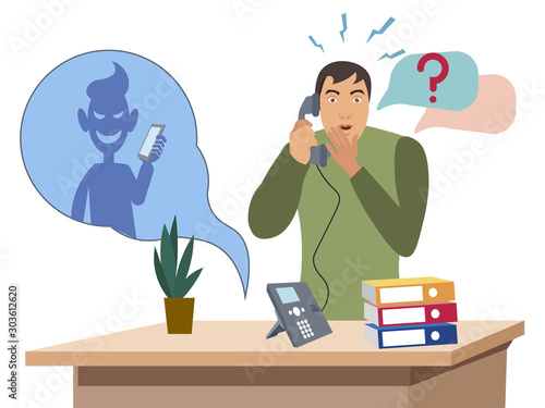 Telephone con man. Flat style Cartoon vector