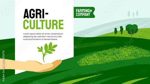 Vector illustration of hand with plant sprout. Design for agricultural company with crops, farm land, fields. Template with agriculture for banner, annual report, prints, flyer, booklet, brochure, web photo