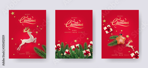 Set of Christmas and New Year greeting cards with xmas decoration. Winter Holiday Posters or banners design in modern realistic style with fir branches, gift boxes, christmas tree toys deer and stars