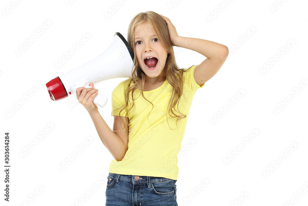 Beautiful little girl with megaphone on white background Beautiful little girl with megaphone on white background