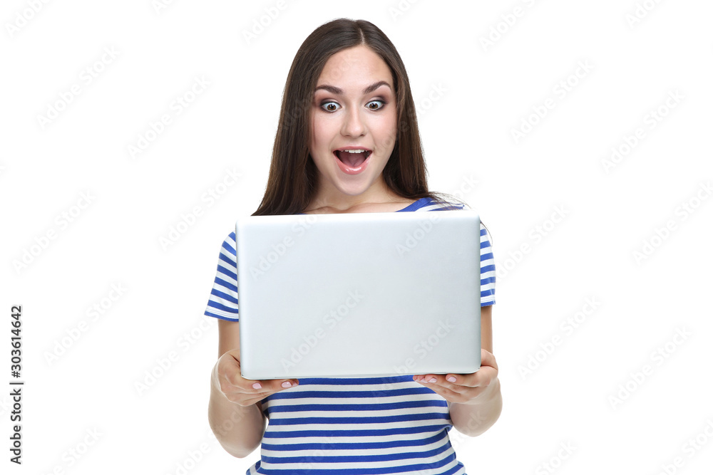 Young girl with laptop computer isolated on white background Young girl with laptop computer isolated on white background
