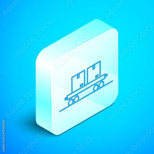 Isometric line Railway carriage icon isolated on blue background. Silver square button. Vector Illustration