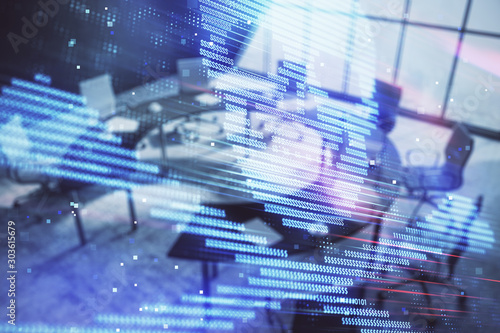 Double exposure of hacking theme hologram on conference room background. Concept of cyberpiracy © Andrey