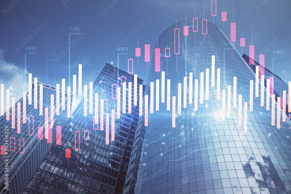 Forex chart on cityscape with skyscrapers wallpaper multi exposure. Financial research concept. Forex chart on cityscape with skyscrapers wallpaper multi exposure. Financial research concept.