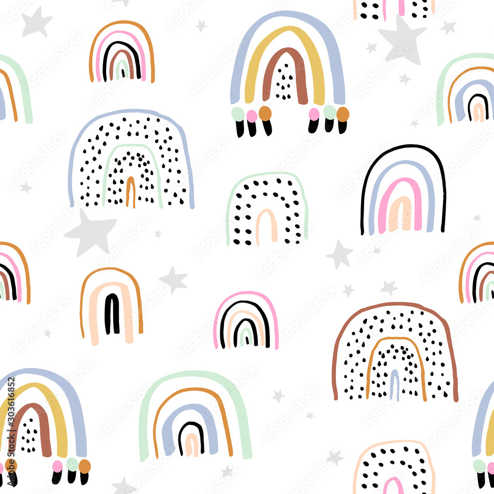 Fototapeta Childish seamless pattern with hand drawn rainbows. Trendy kids vector background.