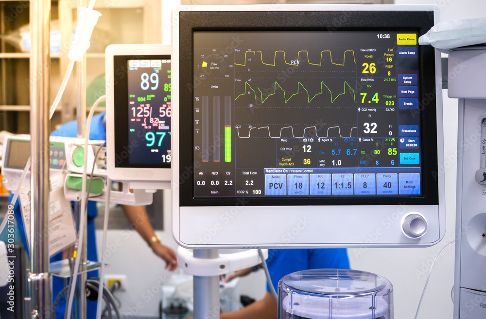 Anesthesia machine in a hospital operating room. Gas mixer with the computer screen. Surgical equipment at a medical clinic. monitoring and anesthesia concept. Anesthesia machine in a hospital operating room. Gas mixer with the computer screen. Surgical equipment at a medical clinic. monitoring and anesthesia concept.