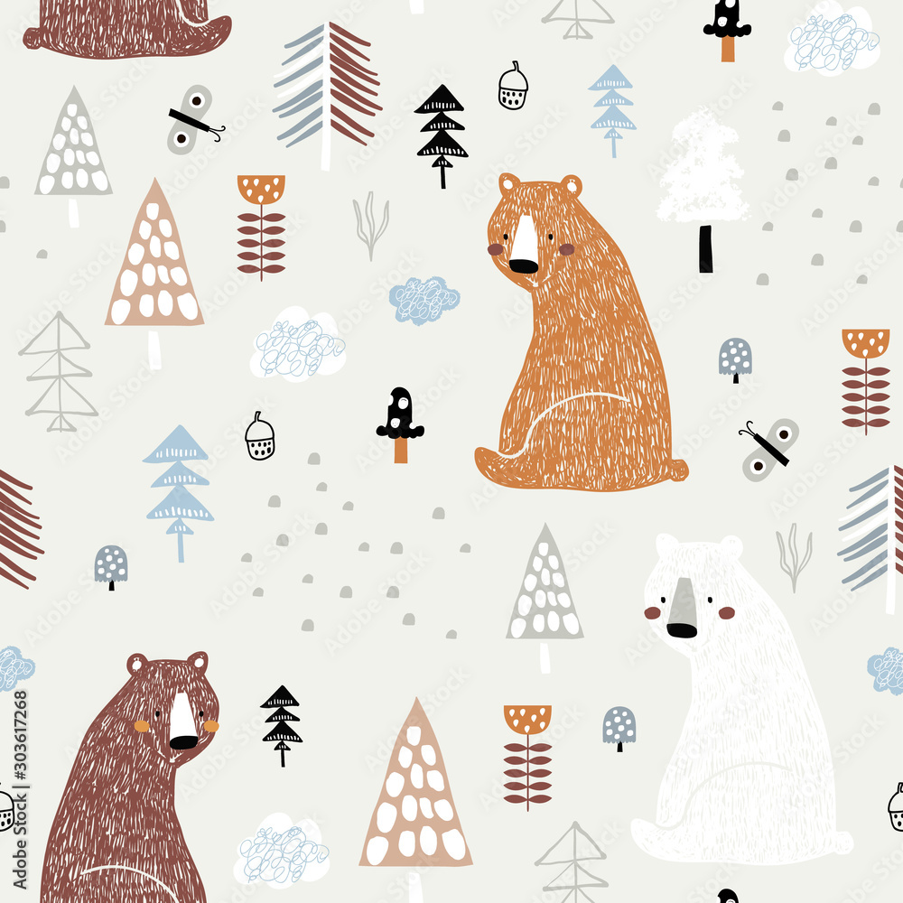 Seamless childish pattern with cute bears in the wood. Creative kids ...
