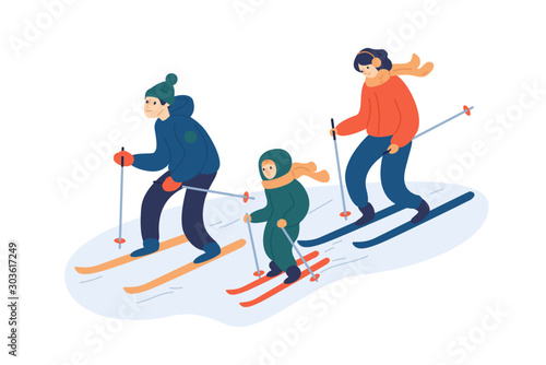 Family skiing together flat vector illustration