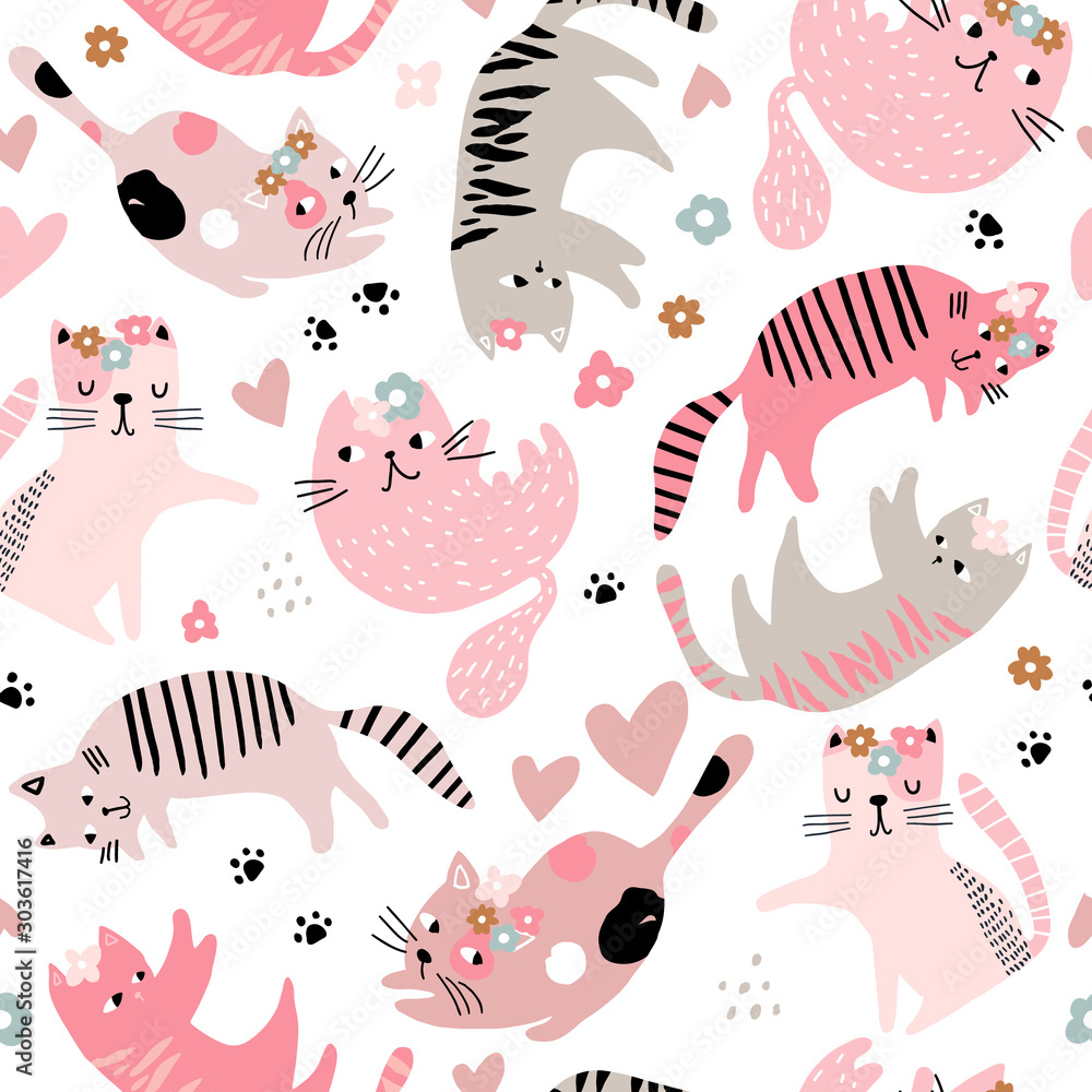 Seamless pattern of cute cat girl and Valentine elements vector cartoon  illustration for Valentine wrapping paper, kid fabric clothes, and  wallpaper Stock Vector