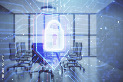 Double exposure of lock icon hologram on conference room background. Concept of cyber security