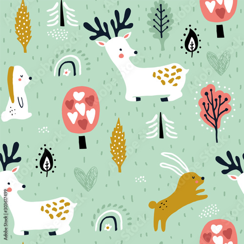 Seamless childish pattern with jumping rabbits, deers in the forest. Creative woodland texture for fabric, wrapping, textile, wallpaper, apparel. Vector illustration