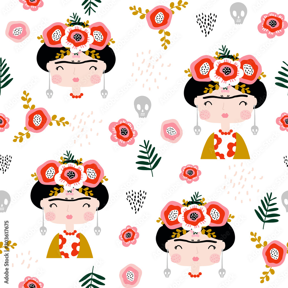 Fototapeta Seamless childish pattern Frida Kahlo portrait