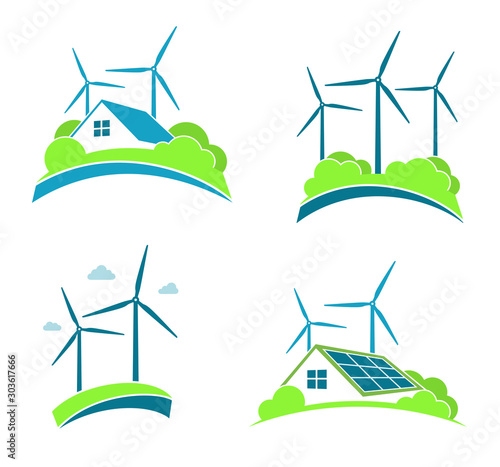 Set of minimalist illustrations for wind and solar energy. Clean energy and eco living concepts