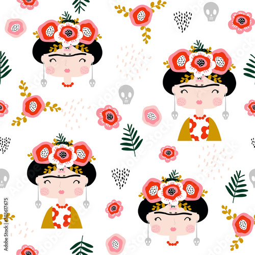 Seamless childish pattern Frida Kahlo portrait . Creative kids hand drawn texture for fabric, wrapping, textile, wallpaper, apparel. Vector illustration
