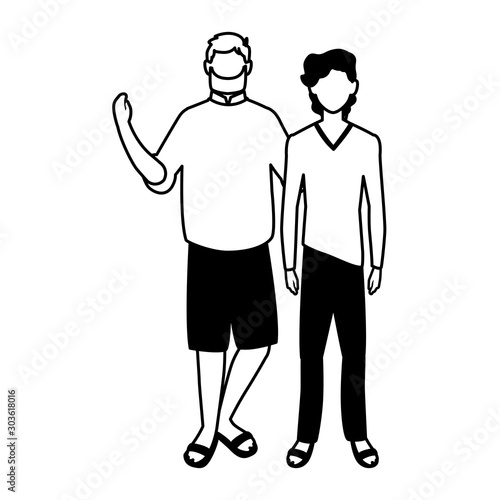 men standing faceless with different poses on white background