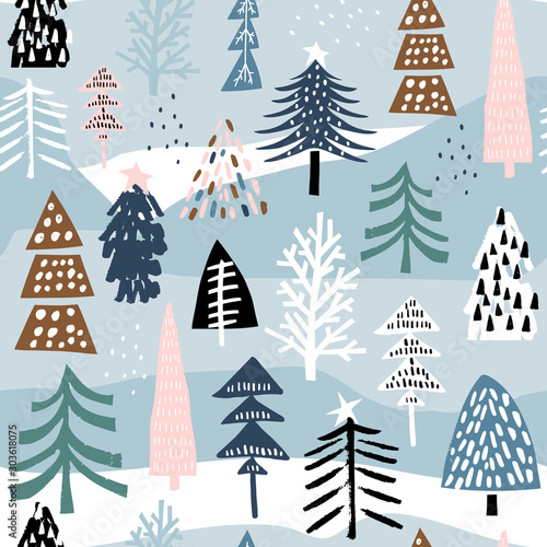 Plakat z zimowym wzorem i kolorystyką charakterystyczną dla stylu skandynawskiego