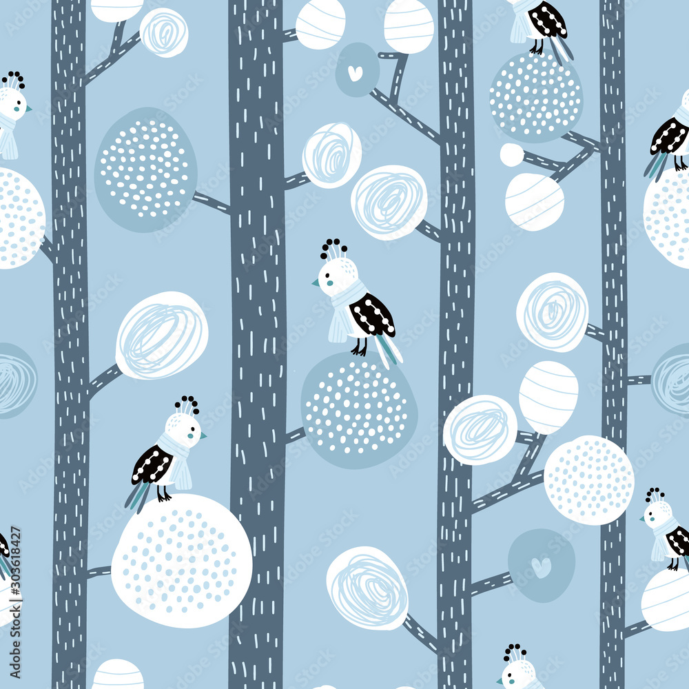 Seamless pattern with birds in scarf on trees. Winter forest creative texture. Vector illustration