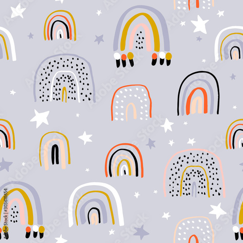 Childish seamless pattern with creative rainbows, stars. Trendy kids vector background. Perfect for kids apparel, fabric, textile