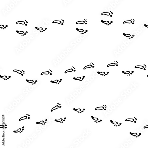 Traces of bare feet. Footprints on a white background. Black silhouette of steps isolated on white. Three different walks of man. Isolated seamless illustration. Bare feet path. Human footprint