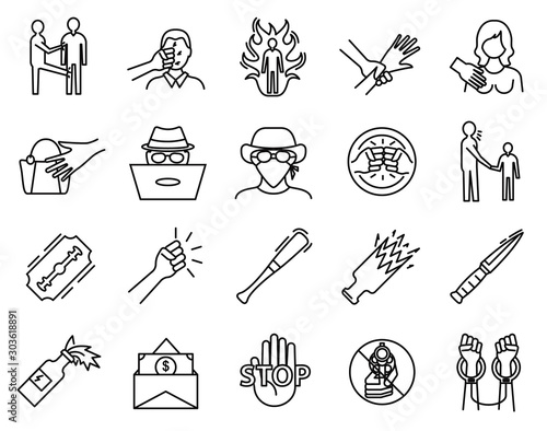Violence Sign Black Thin Line Icon Set. Vector
