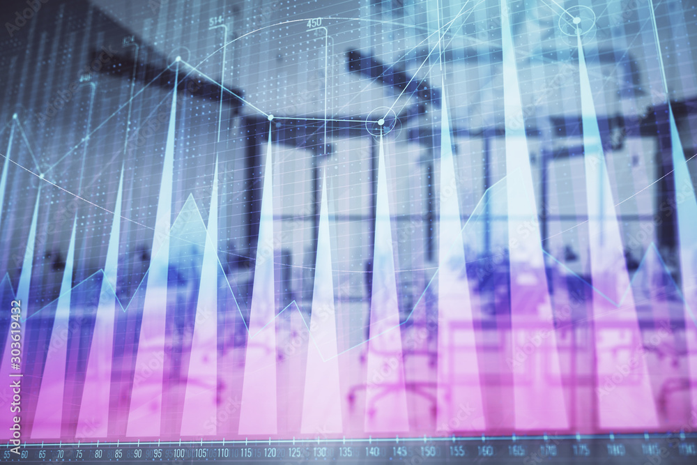 Stock and bond market graph with trading desk bank office interior on background. Multi exposure. Concept of financial analysis Stock and bond market graph with trading desk bank office interior on background. Multi exposure. Concept of financial analysis